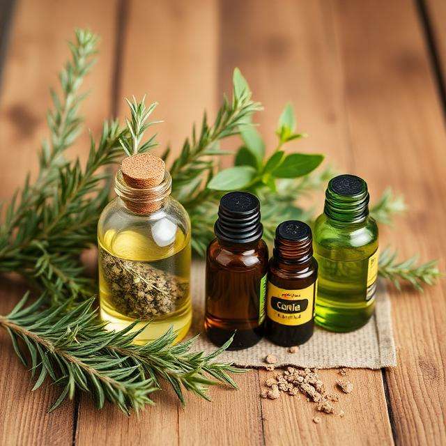 Essential oil bottles with herbs on wooden table
