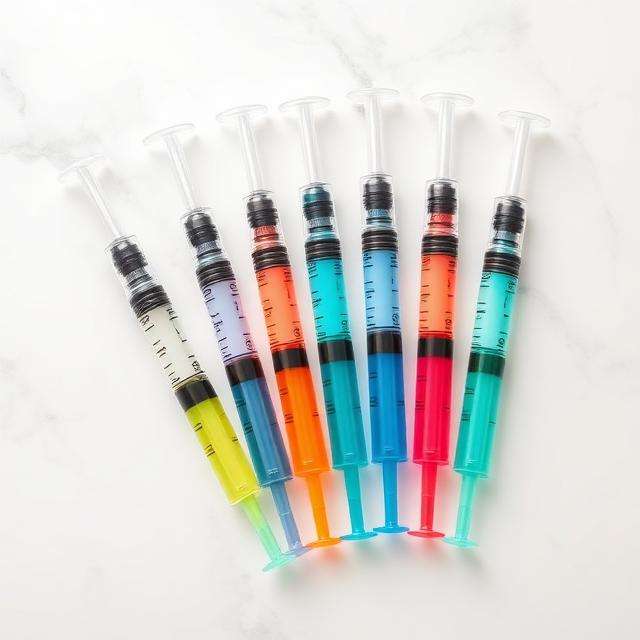 Colorful syringes arranged on a white surface